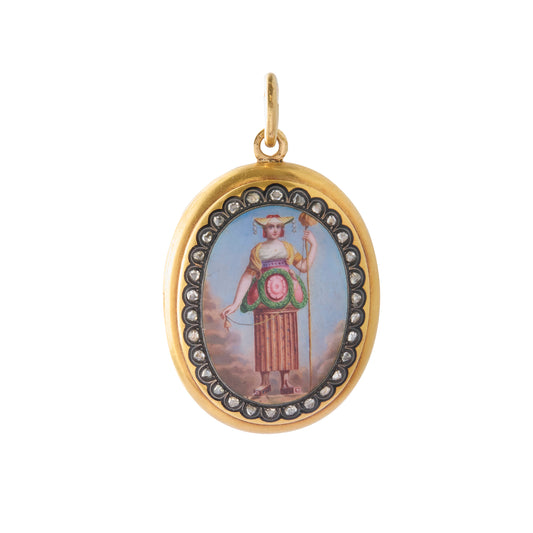 Rose Cut Diamond Painted Lady Locket 18K Yellow Gold (circa 1900) - Main Img