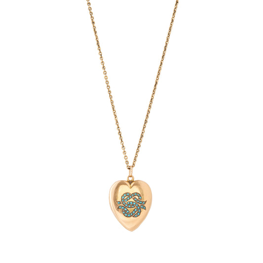Turquoise Heart Shaped Locket 15K Yellow Gold 18" - Main Img
