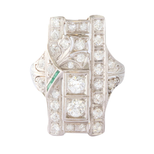 Deco Diamond and Small Emerald Platinum Ring - Main Img