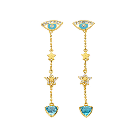Evil Eye Drop Earrings - Blue Topaz and Sky Blue Enamel - Main Img