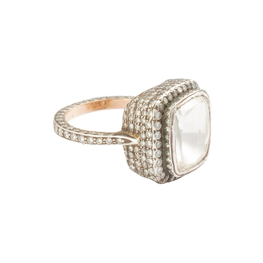 Center Diamond & Pave Diamond Square Ring