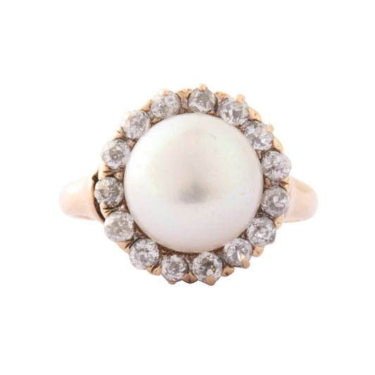 Diamond and Pearl Cluster Ring in 14K Yellow Gold - Main Img