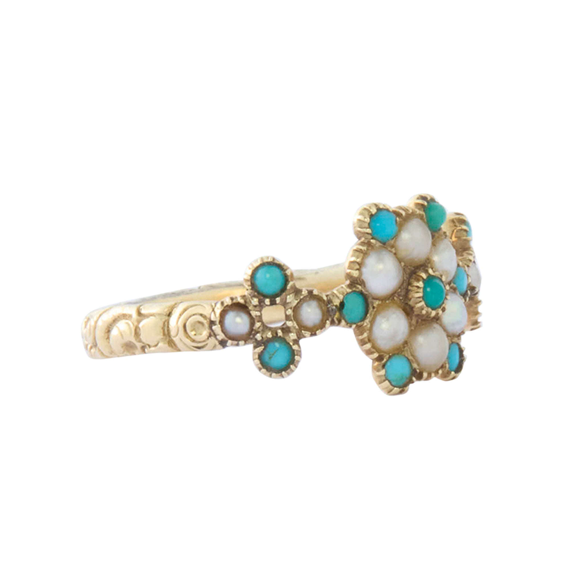 Victorian Pearl and Turquoise 'Forget Me Knot' Flower Ring