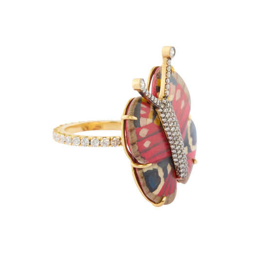 Diamond Marquetry Red Butterfly Ring