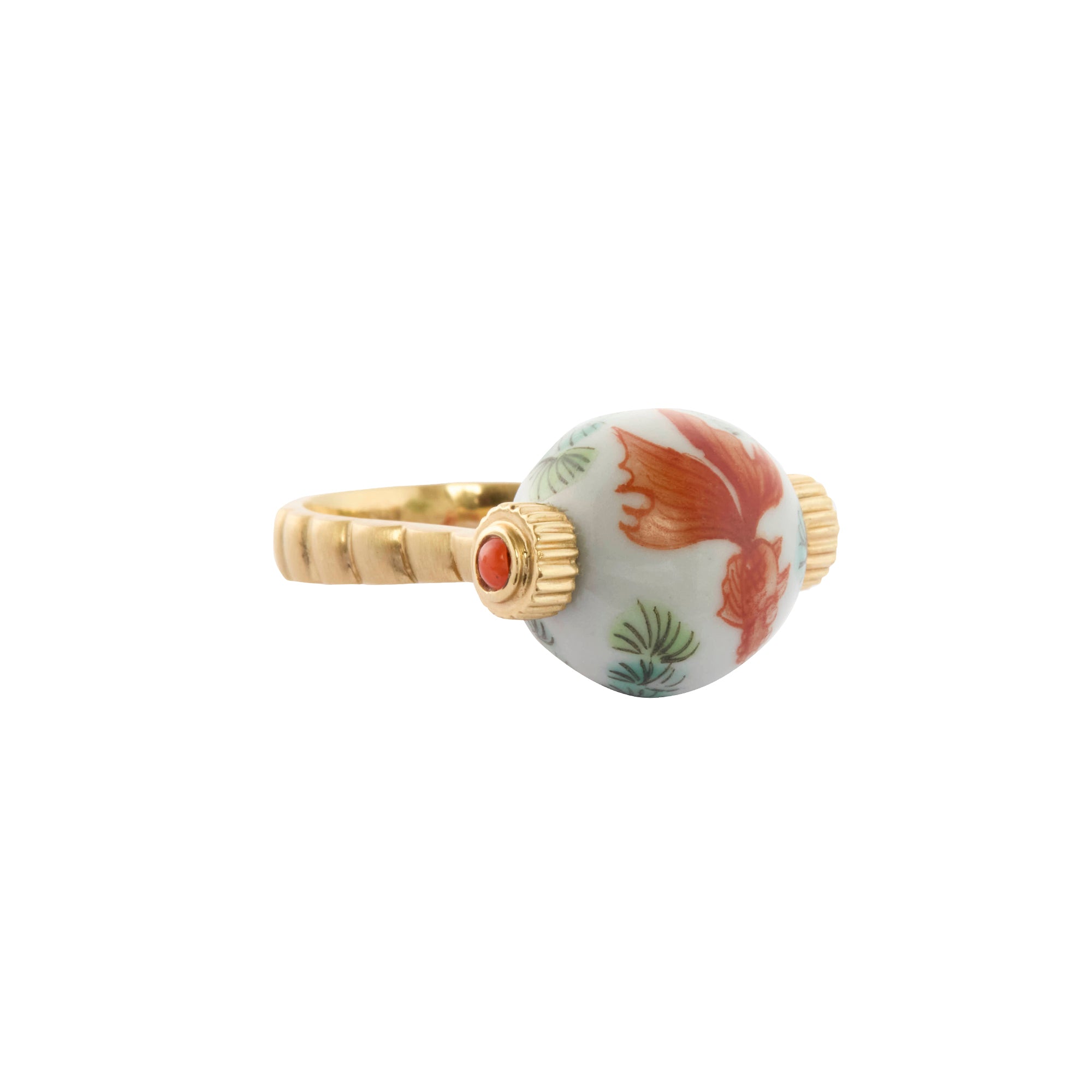 Coral and Ceramic Sphere East West Ring