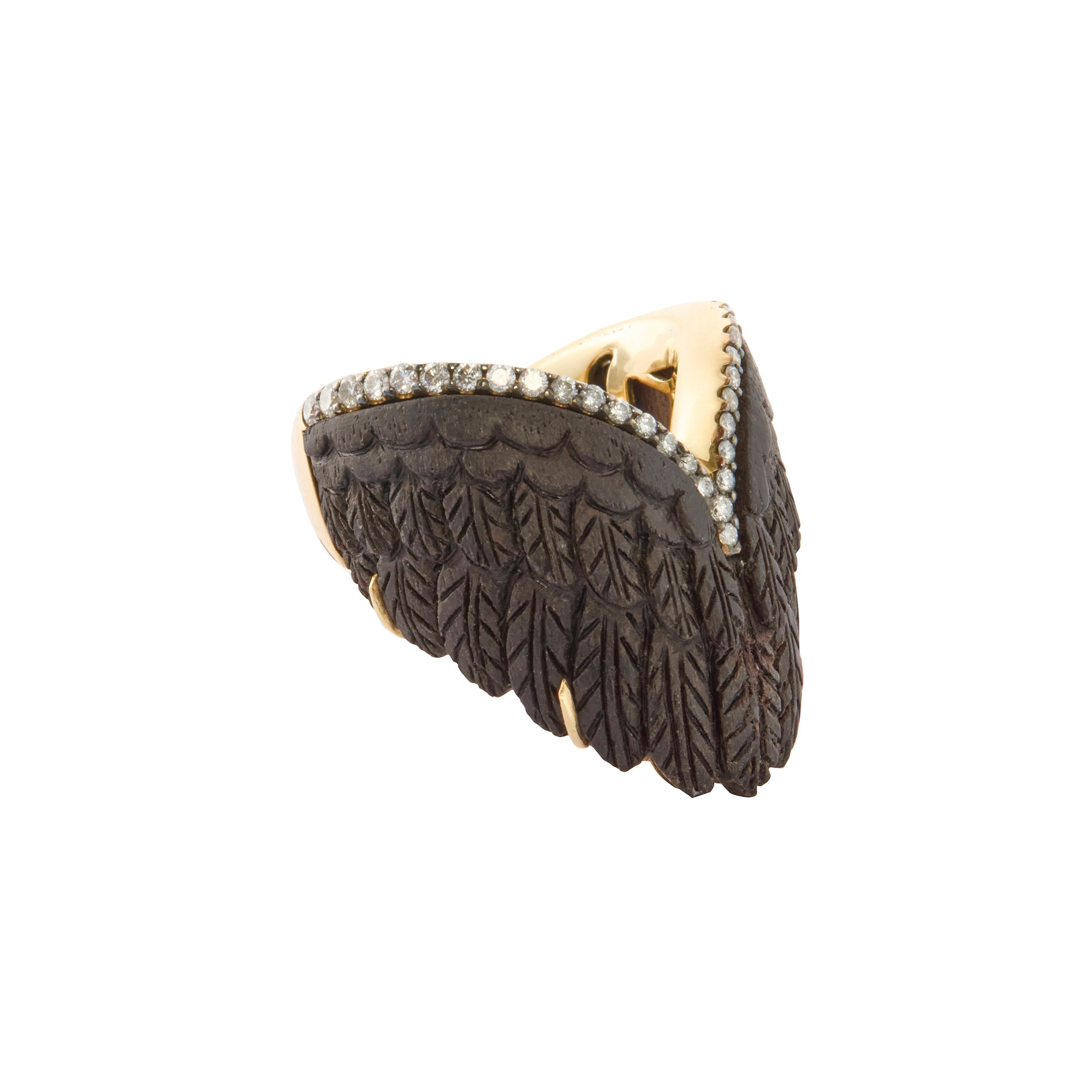 Diamond and Carved Brauna Wood Wing Format Ring