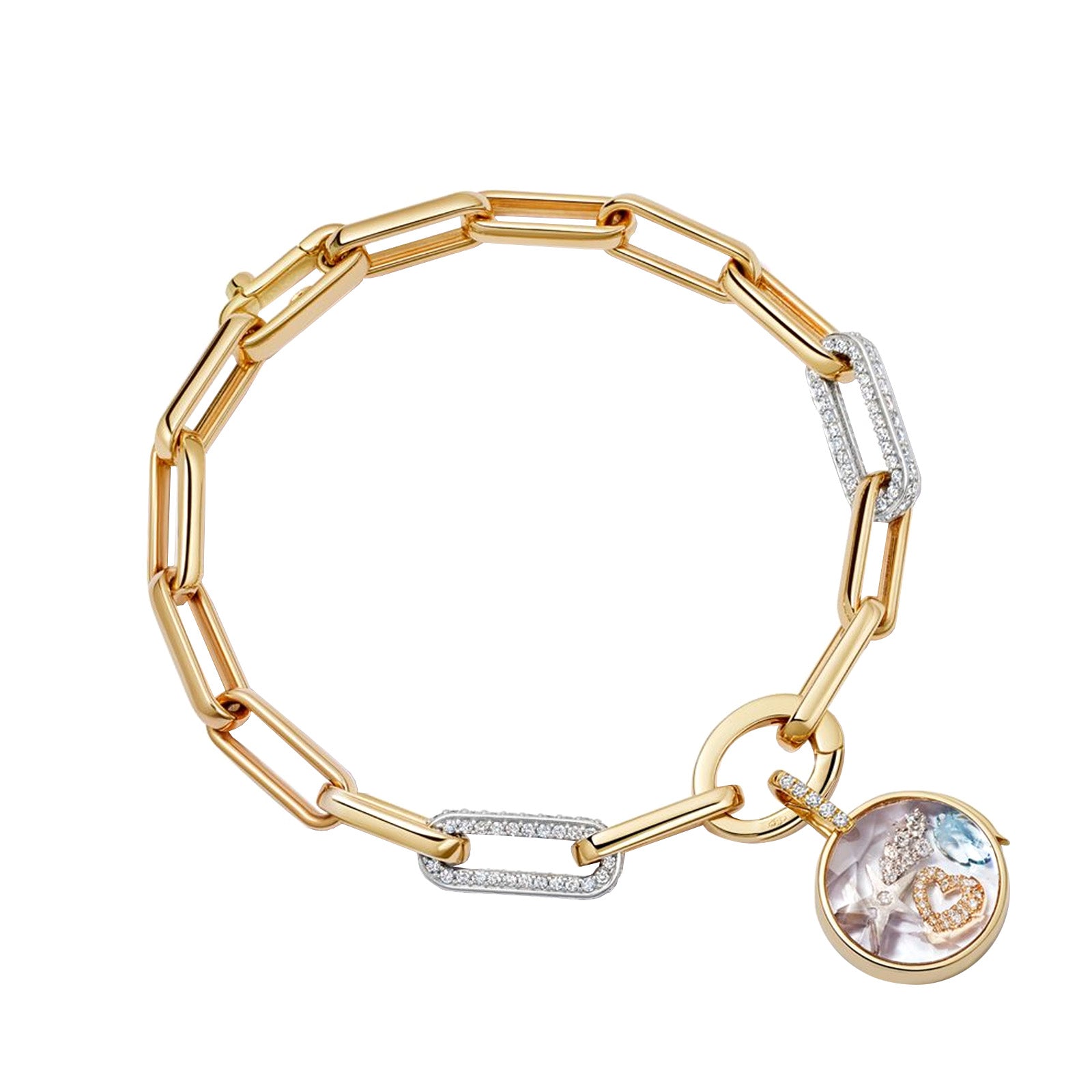 Loquet Diamond Paper Clip Bracelet - Bracelets - Broken English Jewelry top view with charms and locket