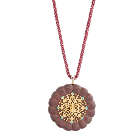 Diamond and Turquoise Carved Flower Necklace with Rhodolite Braid Cord - Main Img