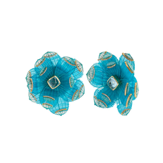 Diamond and Blue Topaz Blue Flower Horse Mane Earrings - Main Img