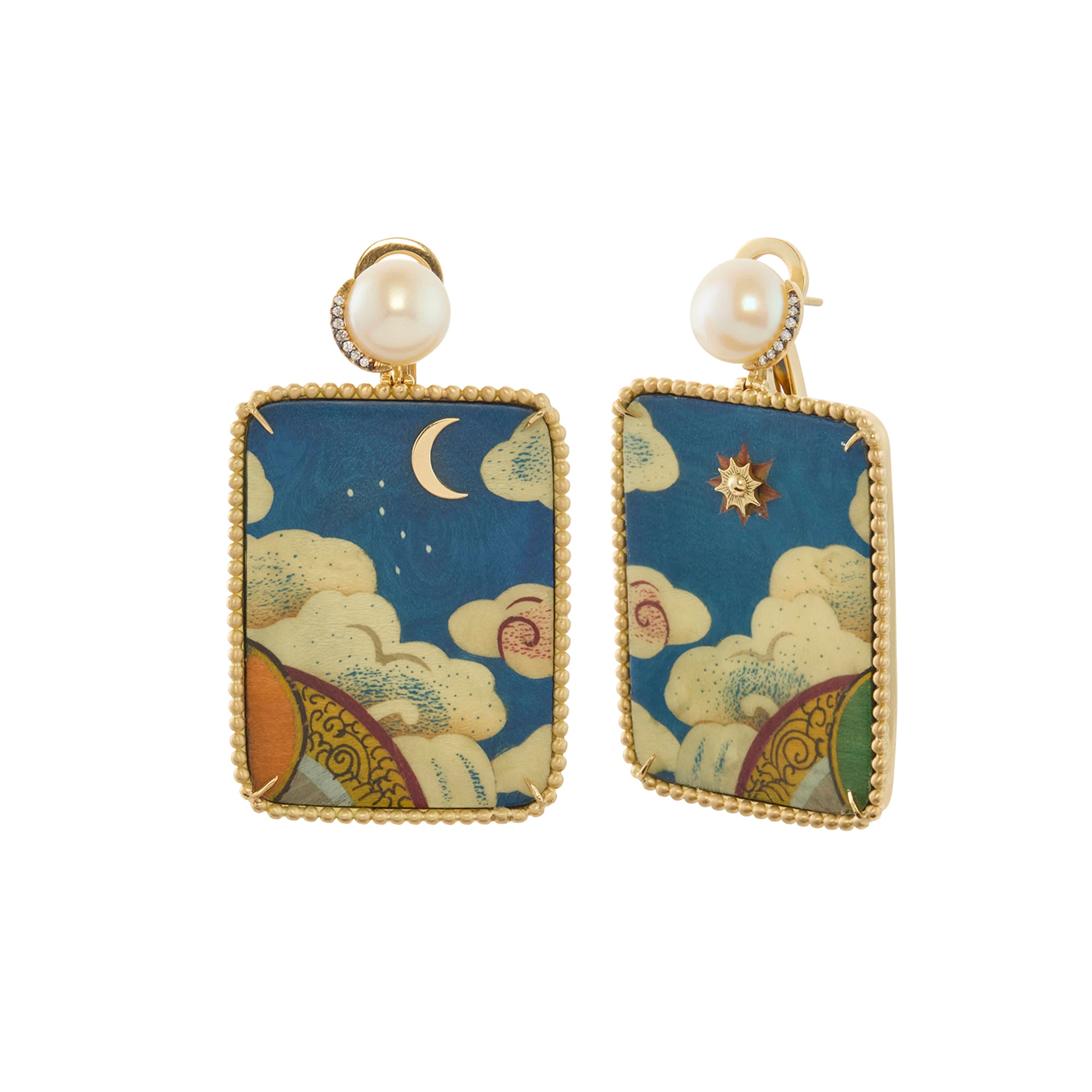 Diamond and Pearl Square Tibetan Sky Print Marquetry Earrings