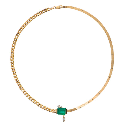 Baguette Emerald and Diamond Duo Chain Necklace - Main Img
