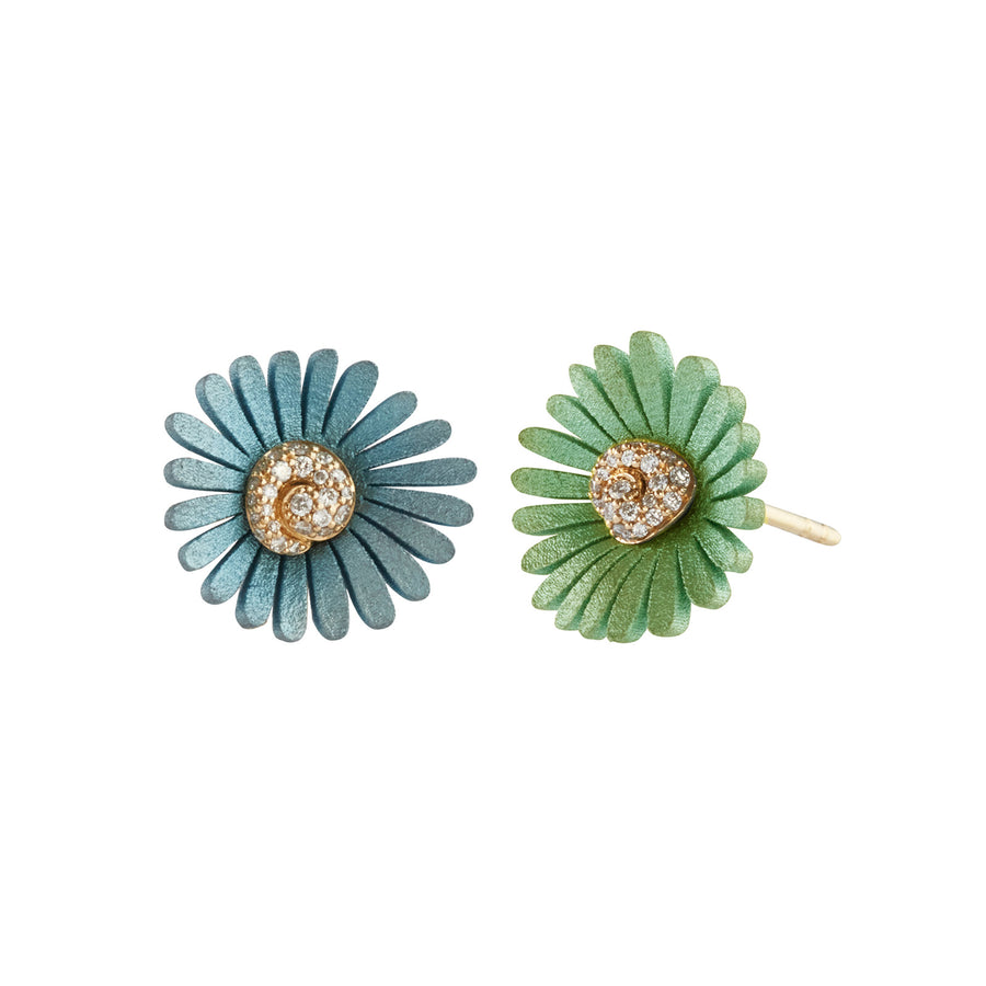 Mike Joseph Mini Flower Studs - Stone Blue and Pastel Green - Earrings - Broken English Jewelry front and angled view