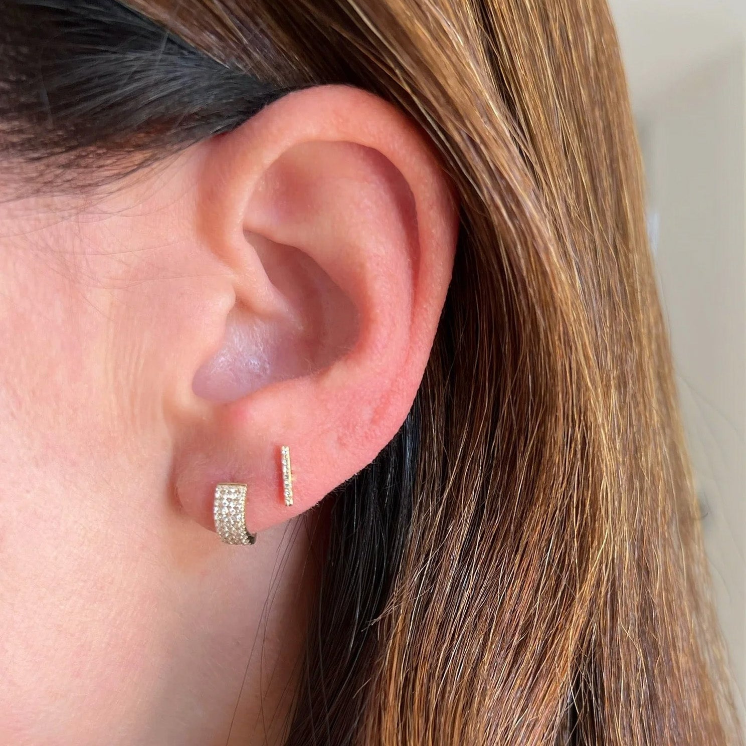 EF Collection Jumbo Mini Huggies - White Gold - Earrings - Broken English Jewelry on model