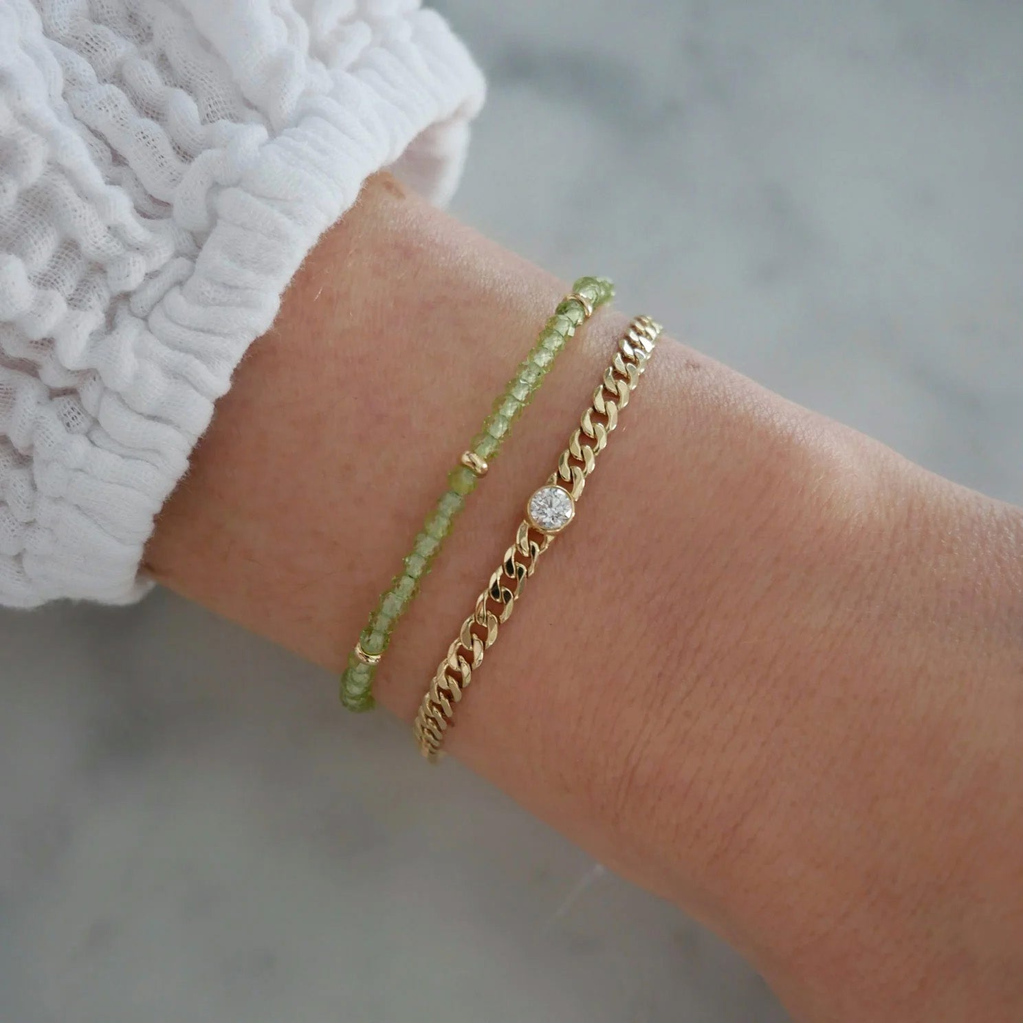 EF Collection Peridot Birthstone Bead Bracelet - Bracelets - Broken English Jewelry on model