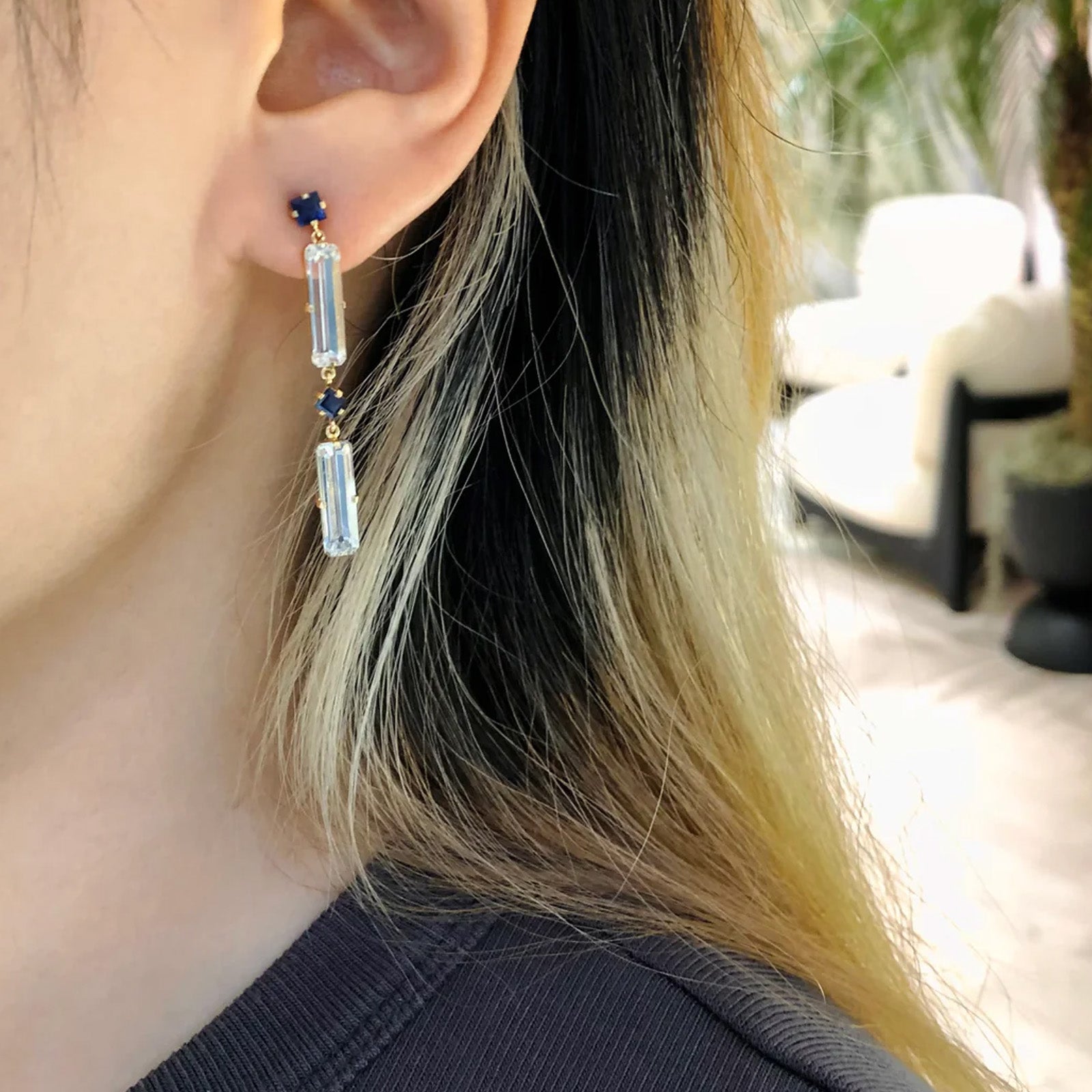 YI Collection Blue Sapphire and White Topaz Cascade Earrings - Earrings - Broken English Jewelry on model
