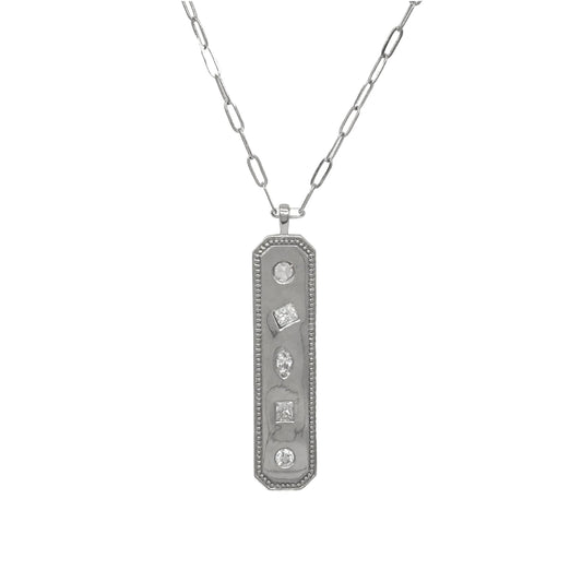 White Diamond Multi Shape Long Tag Paper Clip Chain Necklace - Main Img