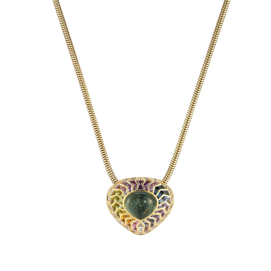 Green Tourmaline and Diamond and Multi Colored Gemstones Wishing Well Shield Necklace - Main Img