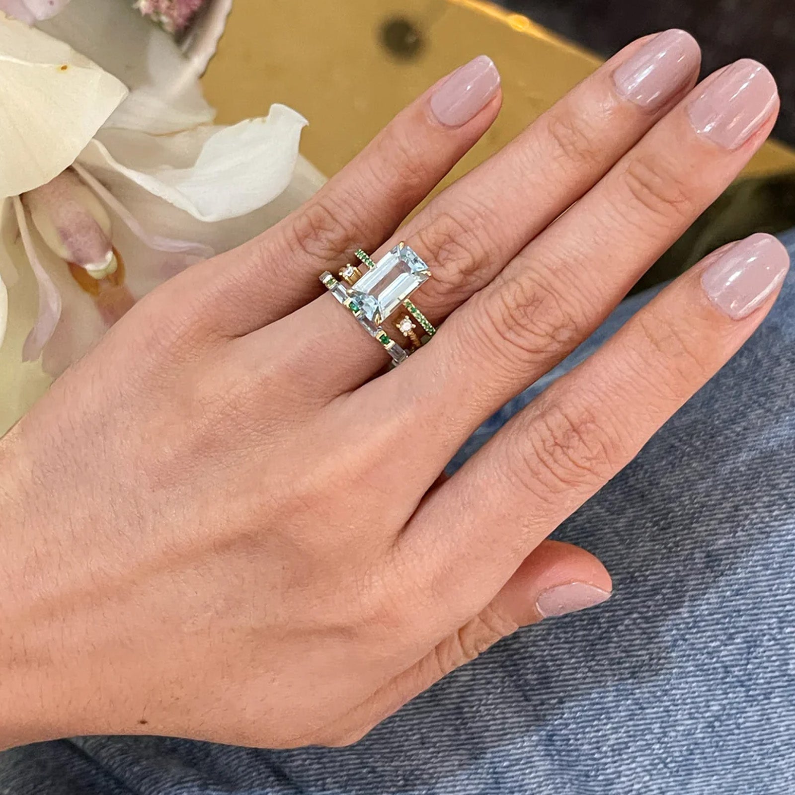 YI Collection Aquamarine and Emerald Spring Ring - Rings - Broken English Jewelry on model