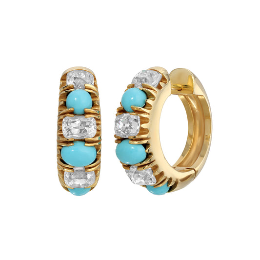 Diamond and Turquoise Gypsy Victorian Hoop Earrings - Main Img