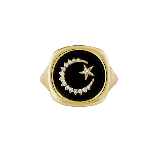 Black Onyx and Diamond Moon and Star Ring - Main Img