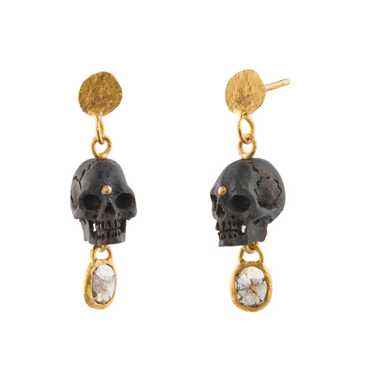 Carved Black Wood Skulls Double Drop Earrings with Borneo Diamonds - Main Img