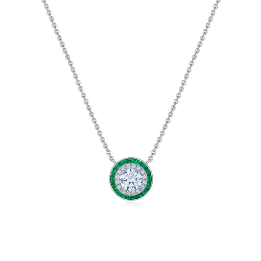 Diamond and Emerald Silhouette Round Halo Pendant - Main Img