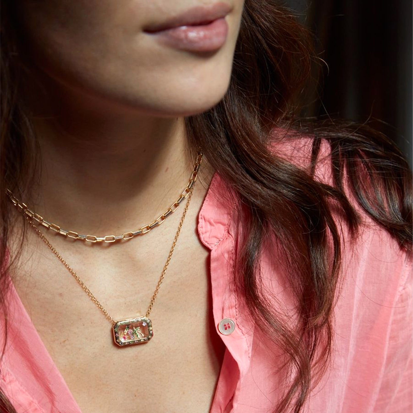 Loquet Rainbow Pillow Locket Necklace, on model