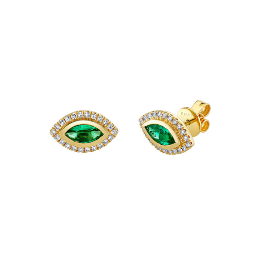 Marquise Emerald Halo Stud Earrings - Main Img
