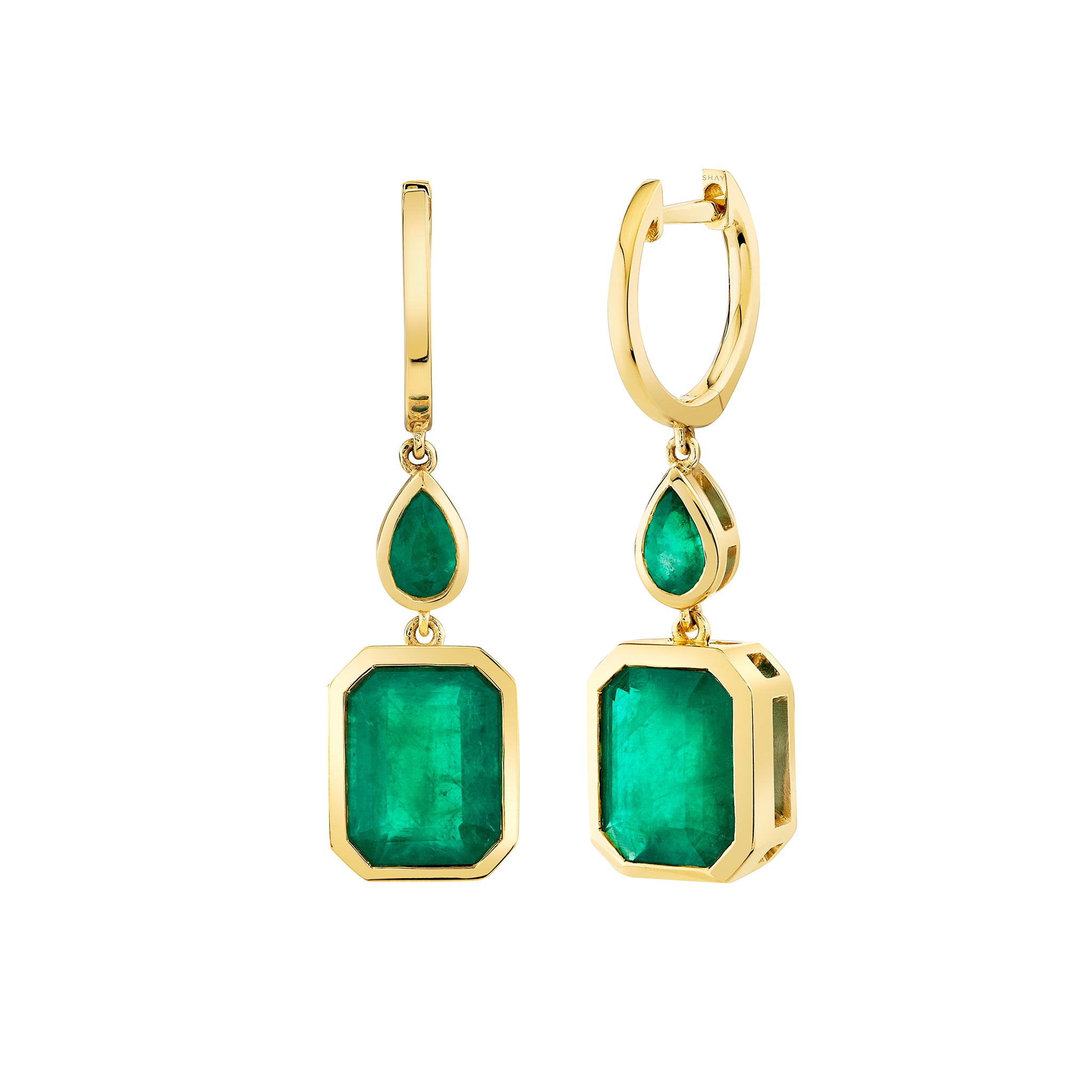 Bezel Emerald Double Drop Earrings