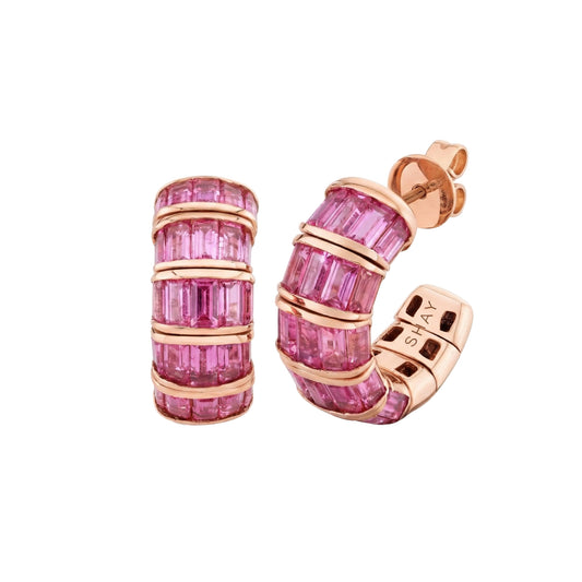 Pink Sapphire and Diamond Baguette Huggie Earrings - Main Img