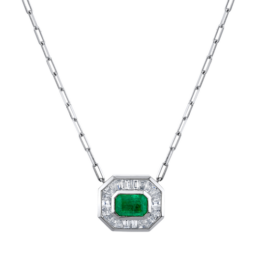 Emerald and Diamond Halo Mini Deco Pendant Necklace - Main Img
