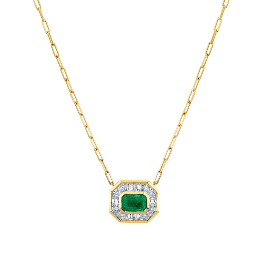 Mini Emerald and Diamond Halo Mini Deco Link Pendant Necklace