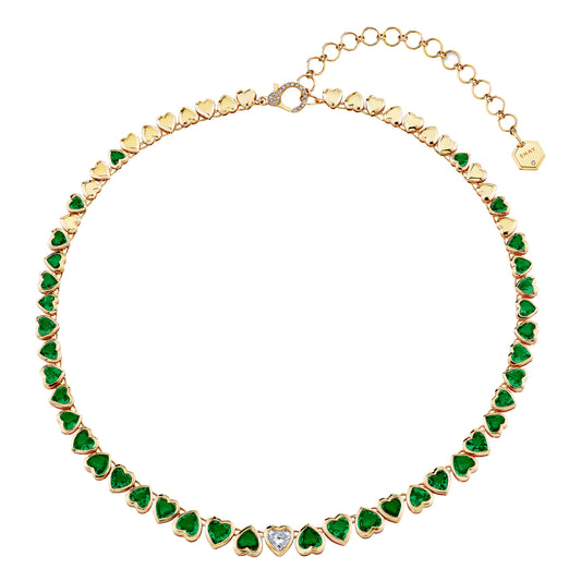 Emerald and Diamond Heart Tennis Necklace - Main Img
