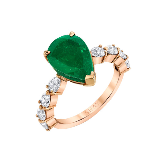 Pear Shaped Emerald Ring with Pear Diamond Band - Main Img