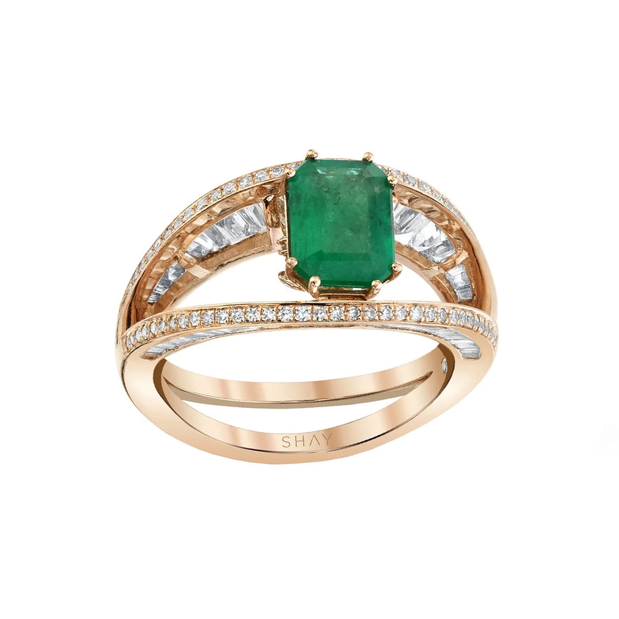 SHAY Emerald & Diamond Open Halo Ring - Rings - Broken English Jewelry front angled view