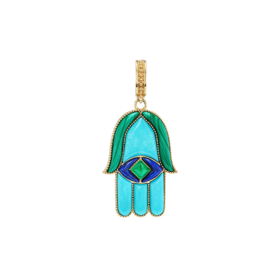 Malachite, Turquoise, Lapis, and Emerald Hamsa Amulet - Main Img