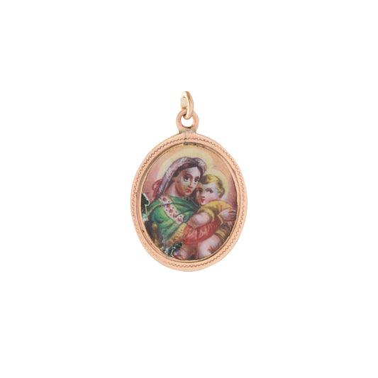 Enamel and Copper Virgin Mary and Baby Jesus Pendant 14K Gold - Main Img