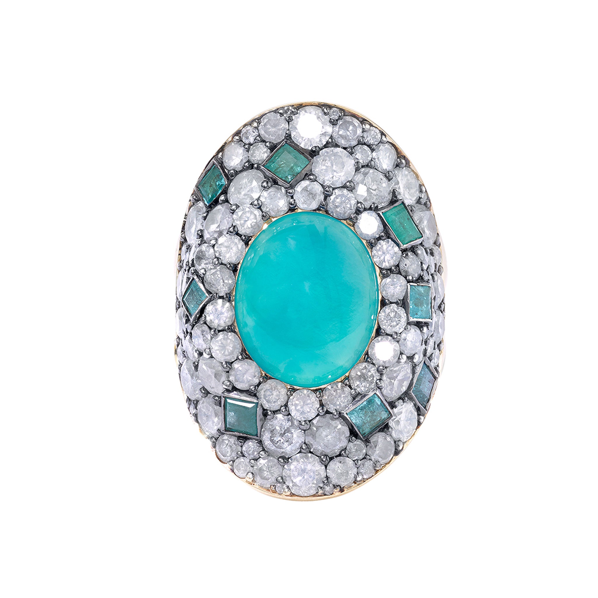 Pave Gray Diamond & Paraiba Tourmaline Ring with Chrysocolla