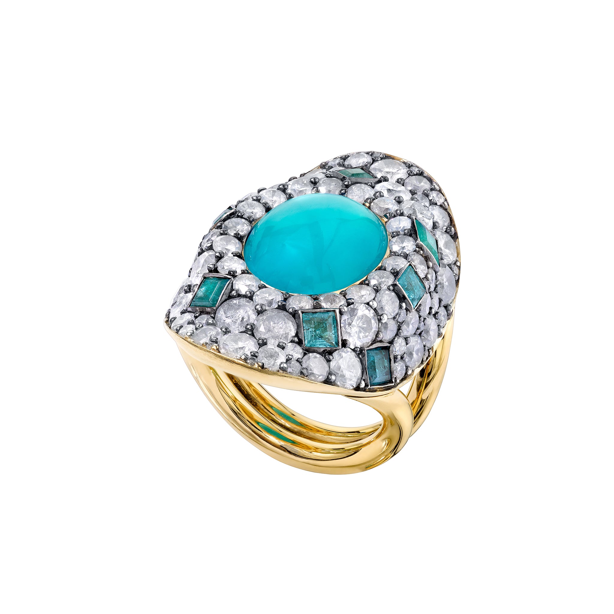 Pave Gray Diamond & Paraiba Tourmaline Ring with Chrysocolla