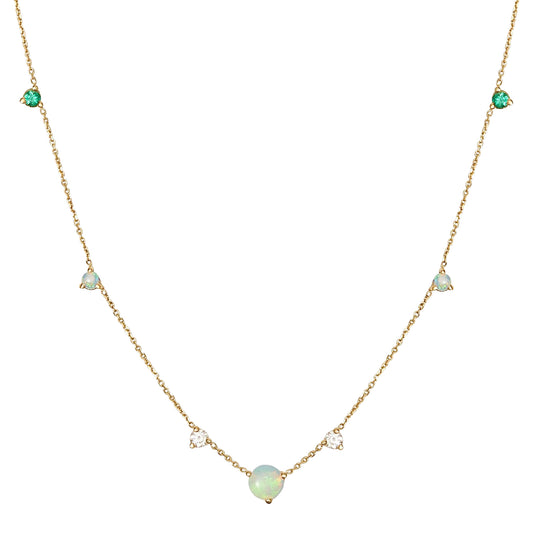 Opal, Diamond, Sapphire and Emerald Linear Chain Necklace - Main Img