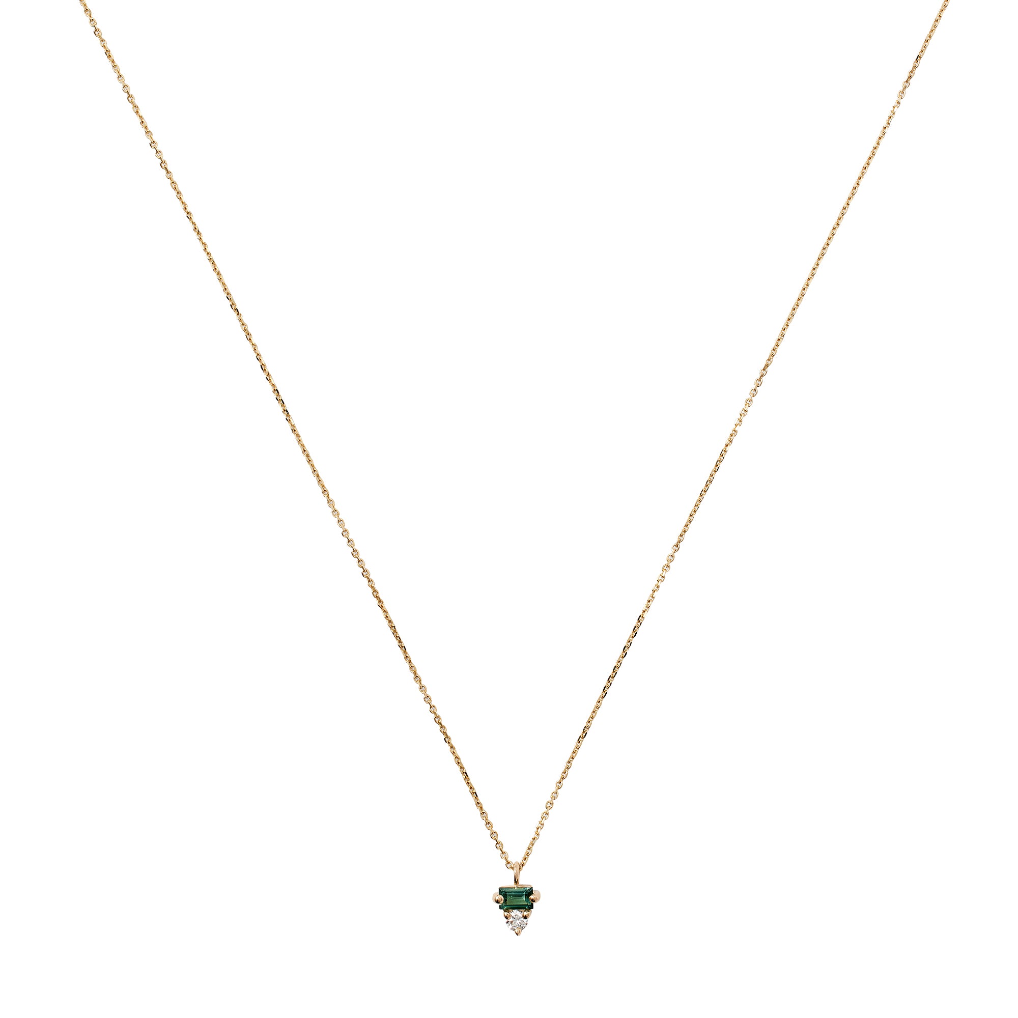 Round Diamond and Baguette Teal Tourmaline Column Necklace