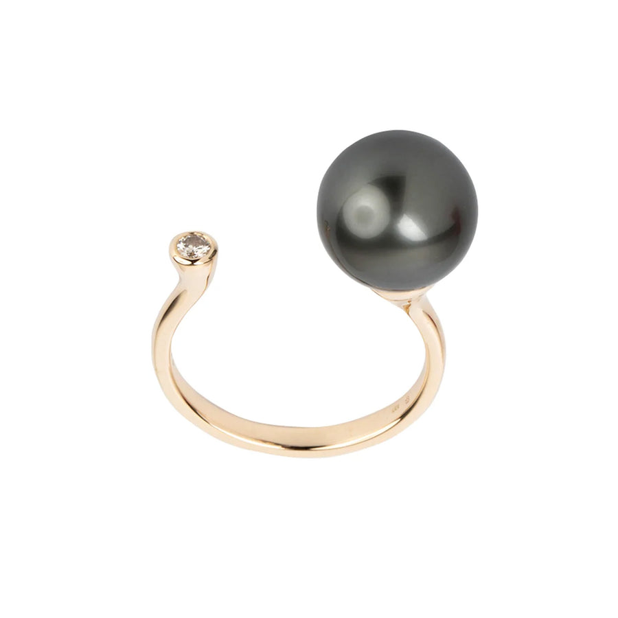 Hirotaka Cuff Ring l - Diamond & Tahitian Black Pearl - Broken English Jewelry front view