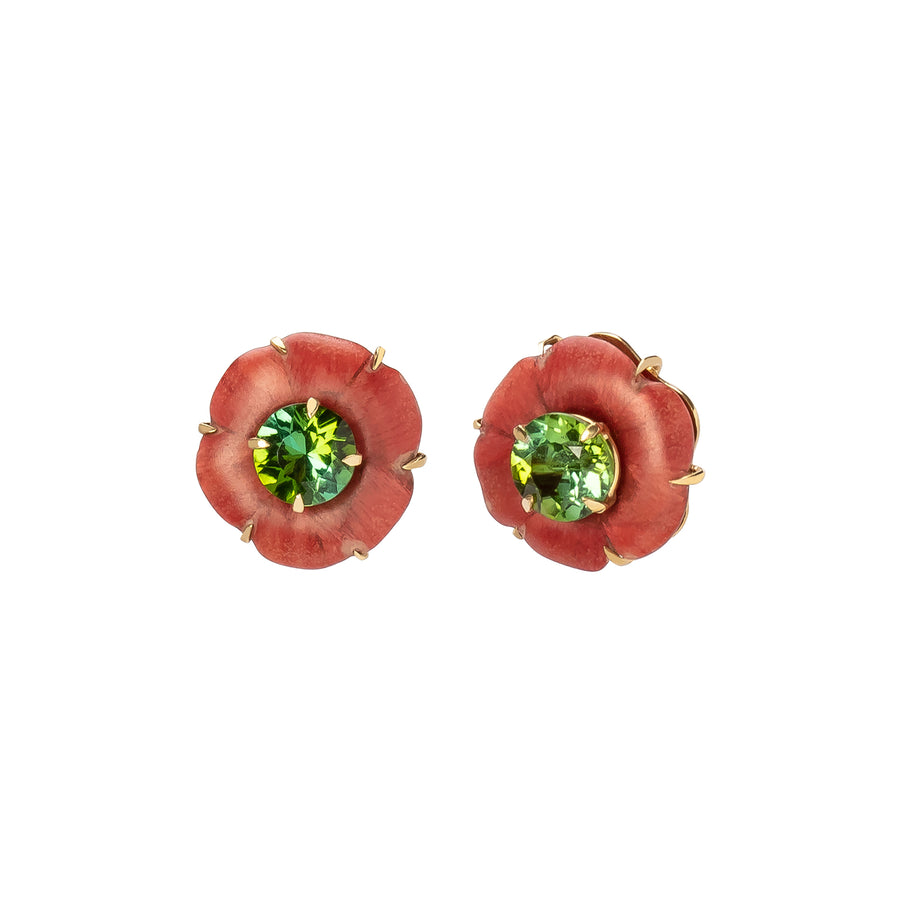 Silvia Furmanovich Marquetry Botanical Pink Flower Studs - Green Tourmaline - Earrings - Broken English Jewelry