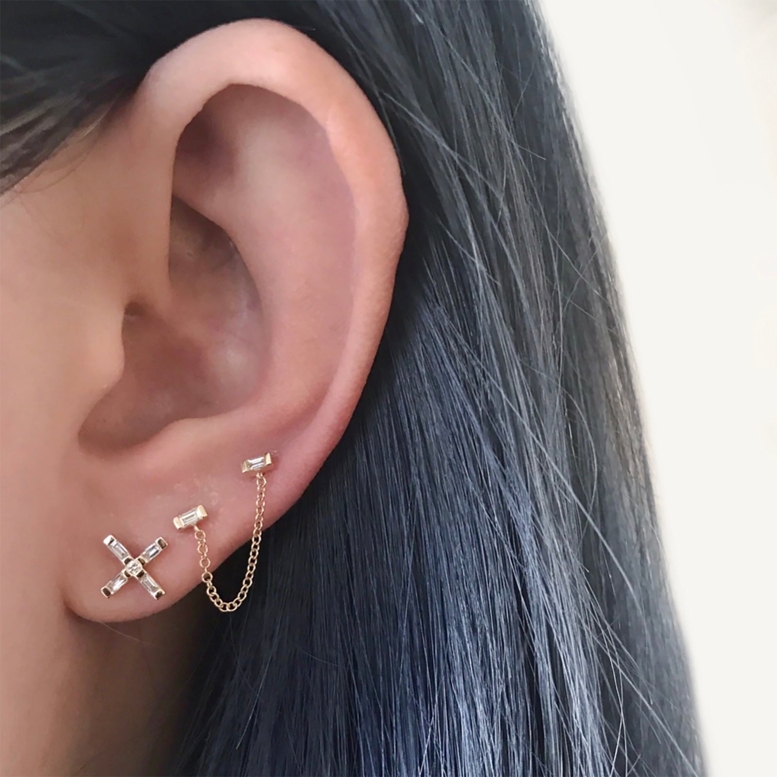 EF Collection Baguette Diamond Double Chain Earring - Yellow Gold - Earrings - Broken English Jewelry