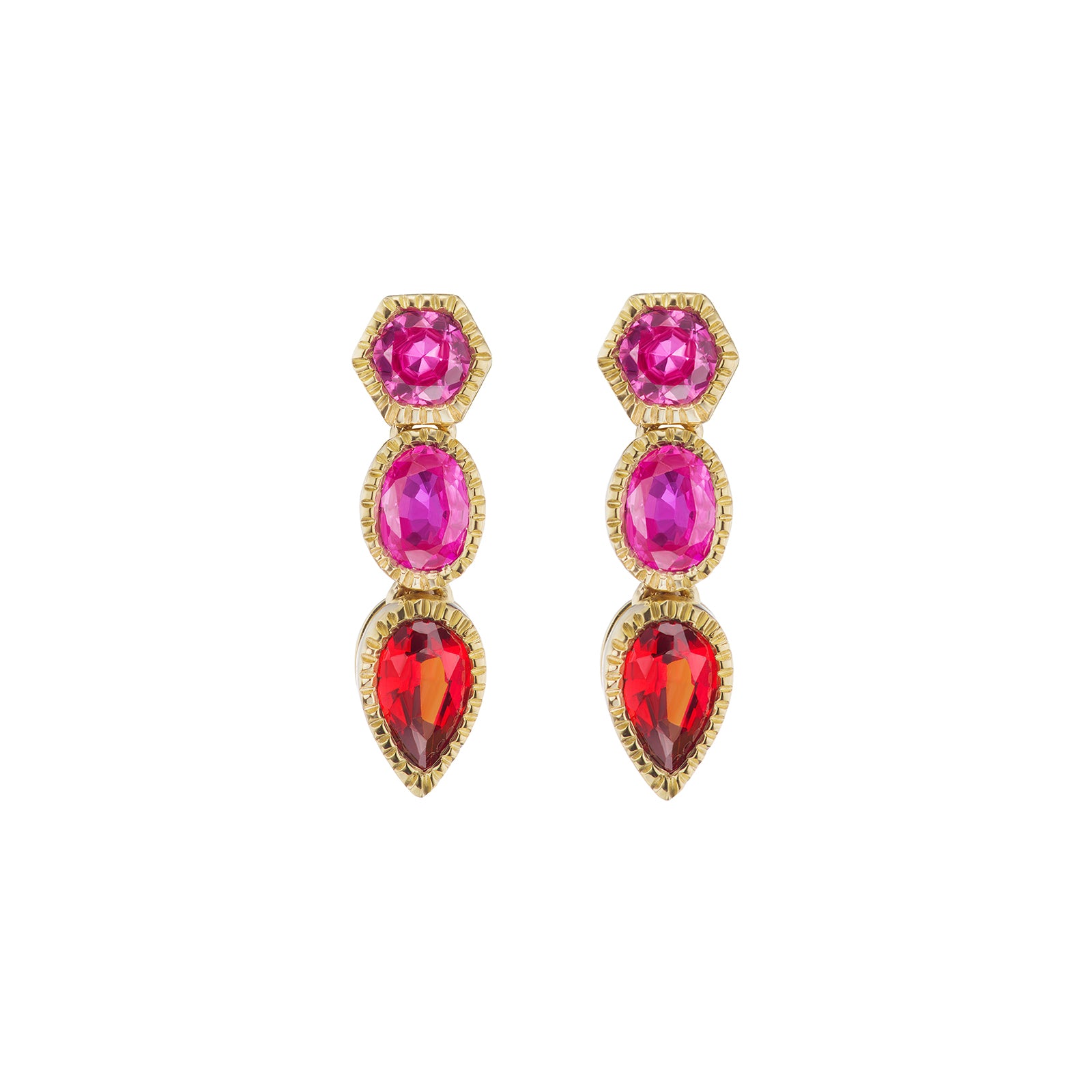 Ark Lakshmi Triple Drop Earrings - Pink & Orange Sapphire - Earrings - Broken English Jewelry