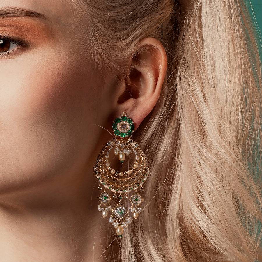 Moksh Jodhpur Chandelier Earrings - Emerald - Earrings - Broken English Jewelry