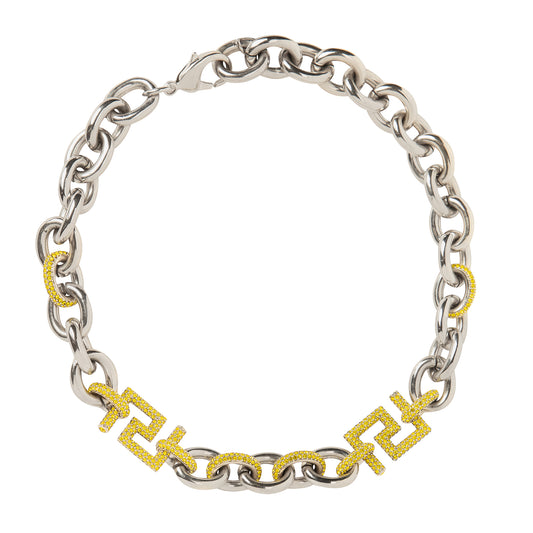 Versace Thick Oval Chain Link Necklace with Pave Greek Keys