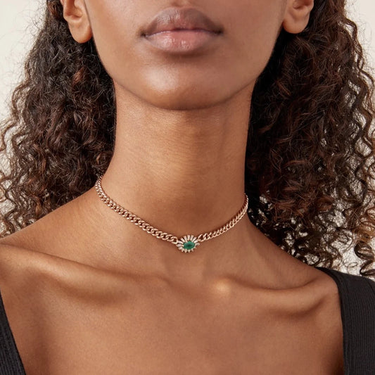 Mini Emerald and Diamond Evil Eye Gold Link Necklace