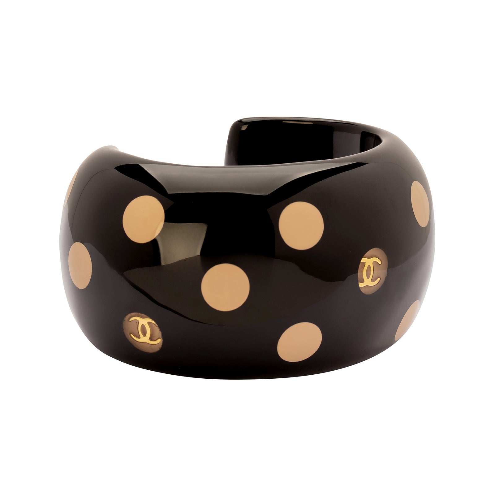 Antique & Vintage Jewelry Chanel Black & Beige Polka Dot Acrylic Cuff - Broken English Jewelry