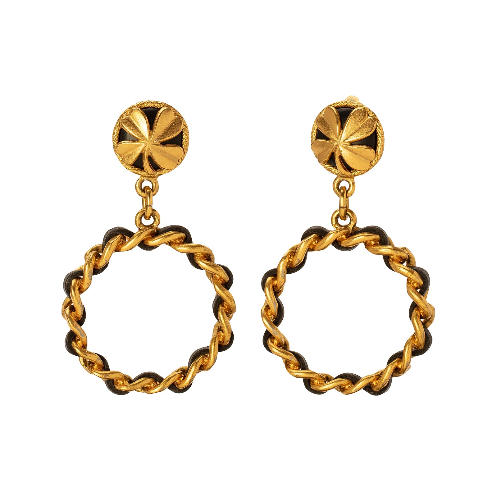 Antique & Vintage Jewelry Black Leather Woven Gilt Chain Hoops - Earrings - Broken English Jewelry